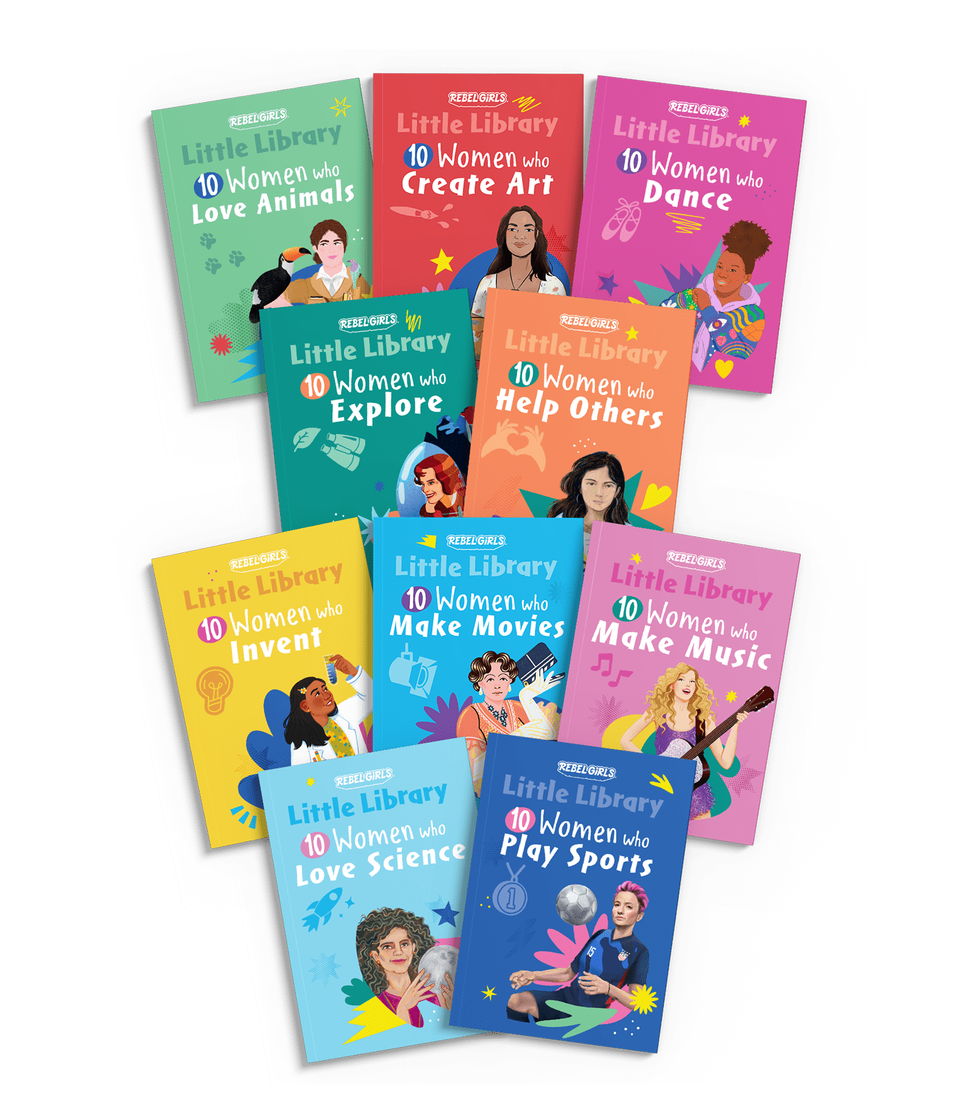 <p>To create the Little Library, Rebel Girls has chosen 100 stories from the New York Times bestseller series<em>, Good Night Stories for Rebel Girls</em>, and retold them as enchanting stories for early readers.</p>
<p>Featuring inspiring women like Taylor Swift, Simone Biles, and Malala Yousafzai, this set of hardcover books covers popular topics from dancers and animals to scientists and athletes in:</p>
<ul>
<li>10 Women Who Dance</li>
<li>10 Women Who Make Music</li>
<li>10 Women Who Play Sports</li>
<li>10 Women Who Make Movies</li>
<li>10 Women Who Love Science</li>
<li>10 Women Who Explore</li>
<li>10 Women Who Love Animals</li>
<li>10 Women Who Invent</li>
<li>10 Women Who Help Others</li>
<li>10 Women Who Create Art</li>
</ul>

