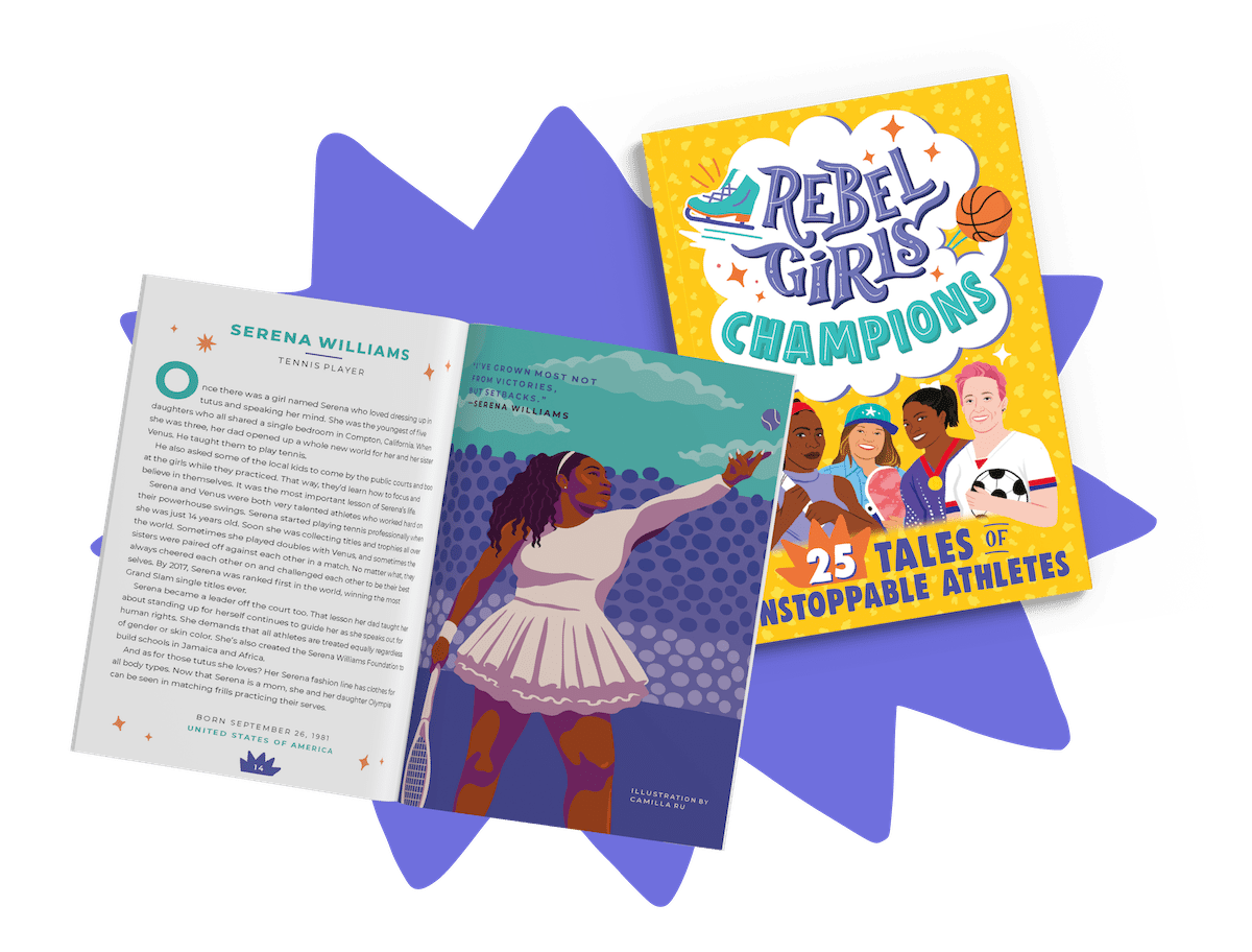 <p>This paperback collection features brand new tales of game-changing athletes — including new stories about a few of the most beloved women from the first two volumes of the <em>New York Times</em> best-selling series Good Night Stories for Rebel Girls, like Simone Biles and Sky Brown.</p>
<p>In this book, young readers can practice a powerhouse serve like Serena Williams, make magical goals with Megan Rapinoe, run like the wind with Allyson Felix, and land breathtaking snowboard tricks with Chloe Kim.</p>
<p>Released directly after the Tokyo Olympics, Rebel Girls Champions celebrates the strength, skills and sportsmanship of Olympians, including gymnast Suni Lee, swimmer Ariarne Titmus, boulderer Miho Nonaka, BMX cyclist Charlotte Worthington, and weightlifter Hidilyn Diaz.</p>
<p>The exciting, easy-to-read text is paired with colorful full-page portraits created by female and nonbinary artists from around the world.</p>
