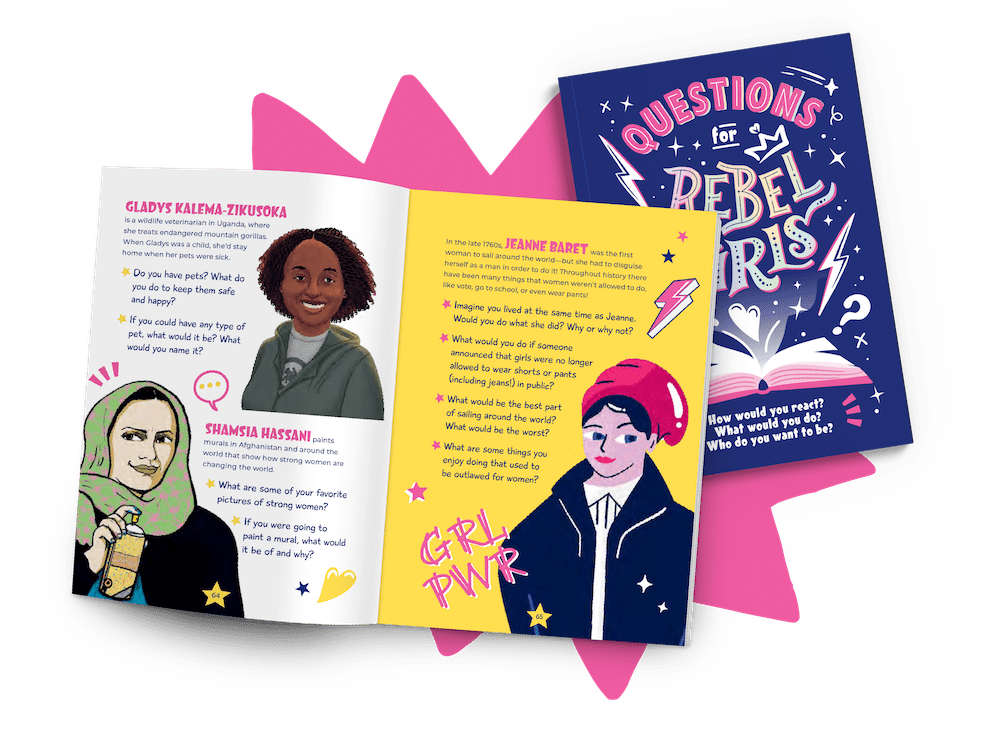 <p>If you could meet any woman from any country and time in history, who would it be? What would you ask her? Would you rather ask questions or answer them? Luckily, with <em>Questions for Rebel Girls</em>, you can do both!</p>
<p><em>Questions for Rebel Girls</em> introduces readers to extraordinary women throughout history and asks them to imagine themselves in similar scenarios. Designed to ignite discussions between little rebels and their siblings, friends, and grown-ups, the book is packed with more than 500 entertaining and thought-provoking questions, including some questions submitted by young fans of Good Night Stories for Rebel Girls.</p>
<p>Kids love to explore their feelings, uncover their personality, and decode the world around them. With <em>Questions for Rebel Girls</em> they&#8217;ll discover their answers to provocative questions about anything and everything!</p>
