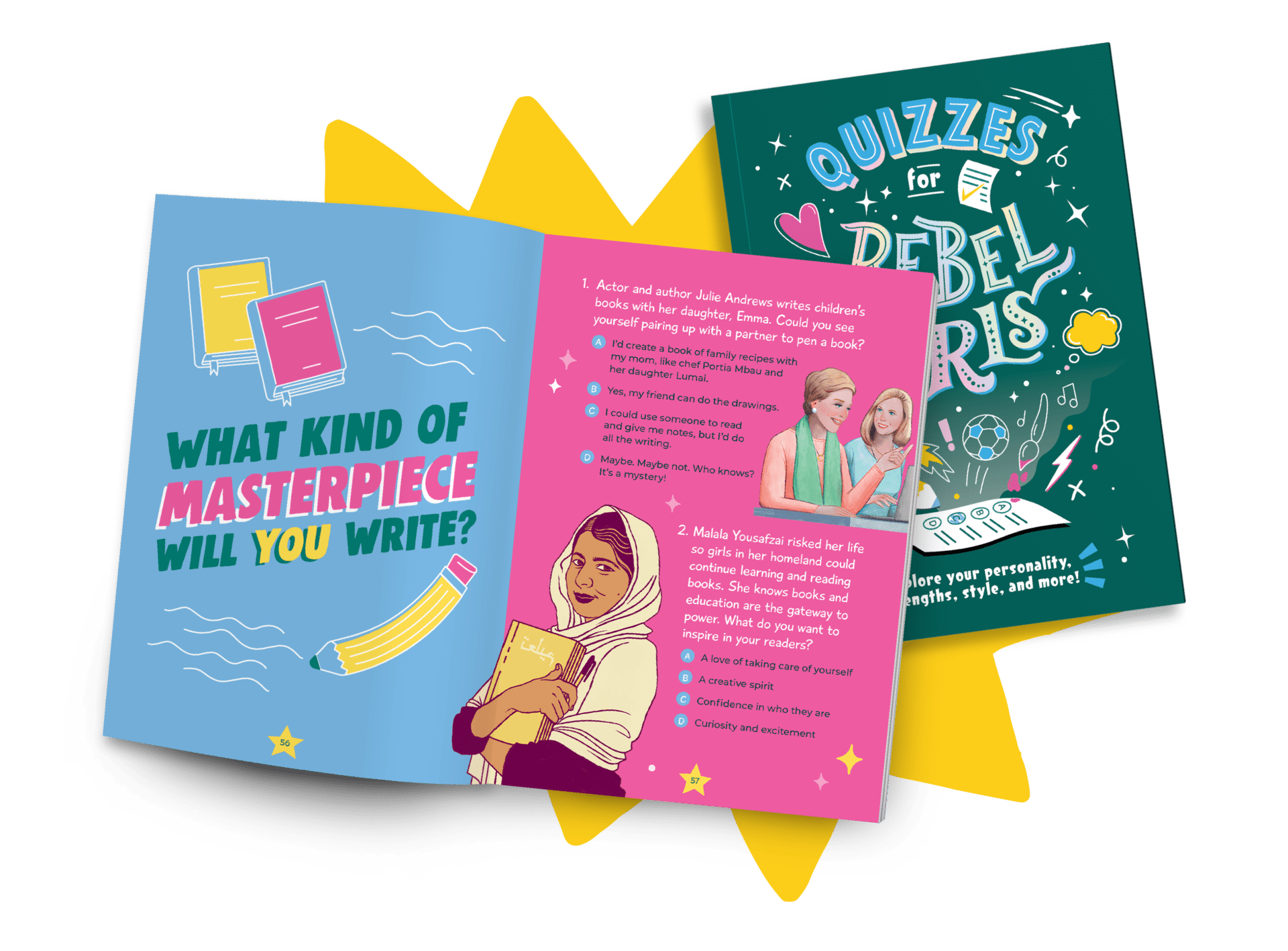 <p>Quizzes for Rebel Girls is packed with 50+ quizzes guiding girls to discover the traits, strengths, and habits that make them unique. The quirky questions in this book will help curious readers explore their personalities, forecast their futures, and find common ground with extraordinary women who’ve come before. Colorful illustrations bring this book to life and make it extra fun to share with friends and family!</p>
<p>This book can be perfectly paired with Questions for Rebel Girls, filled with silly, serious, and thought-provoking questions that introduce readers to extraordinary women throughout history. Girls love to explore their feelings, uncover their personality, and decode the world around them. Get exploring with Rebel Girls!</p>
