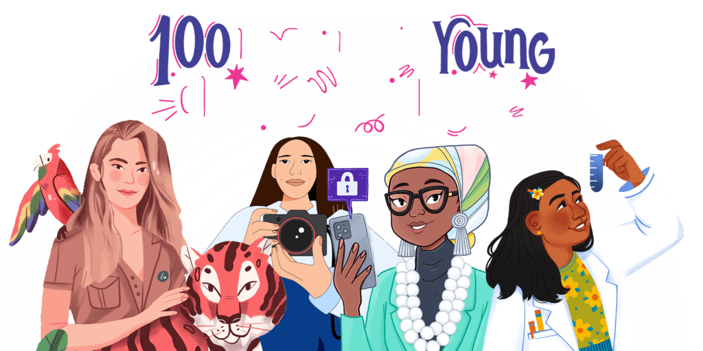 Text reading "100 Inspiring Young Changemakers" sits above illustrations of (1) Bindi Irwin, a white Australian woman with a parrot on her shoulder and a tiger in her lap, (2) Bonnie Chiu, a young woman of Hong Kong and Indonesian descent holding up a camera, (3) Fareedah Shaheed, a young Black Saudi Arabian woman wearing a head scarf and holding up a mobile device, and (4) Gitanjali Rao, an Indian American girl wearing a lab coat and examining a test tube she is holding.