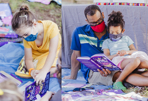 A composite of two photographs: On the left, a young white girl wearing a face mask is intently reading a Rebel Girls book. On the right, a young Black girl sits on her father's lap. Both are wearing face masks, and he is reading to her from a Rebel Girls book he is holding.