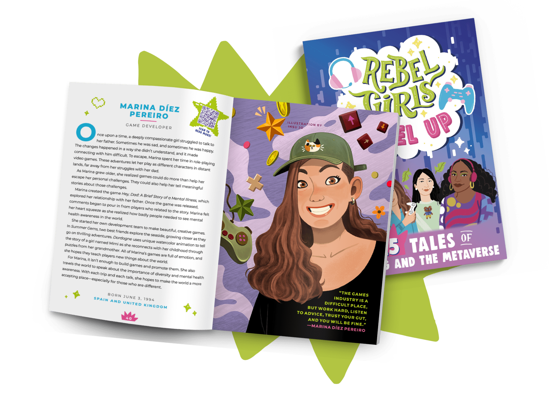 <p>This paperback collection introduces readers to 25 inspiring women in the world of gaming and the metaverse. Readers will learn how they’ve created innovative technology, designed popular video games, and broken barriers whenever their industry put up walls.</p>
<p>Readers will dive into gamer communities with popular streamers like Imane Anys, better known as Pokimane. They&#8217;ll learn to lead with Aya Kyogoku, who directed several <em>Animal Crossing</em> games. They&#8217;ll design digital clothing with Roblox creators like cSapphire. And they&#8217;ll compete in the wild world of esports with pro gamers Sasha Hostyn and Sylvia Gathoni.</p>
<p><em>Rebel Girls Level Up</em> pairs inspiring, easy-to-read text with colorful full-page portraits created by female and nonbinary artists from all around the world.</p>
