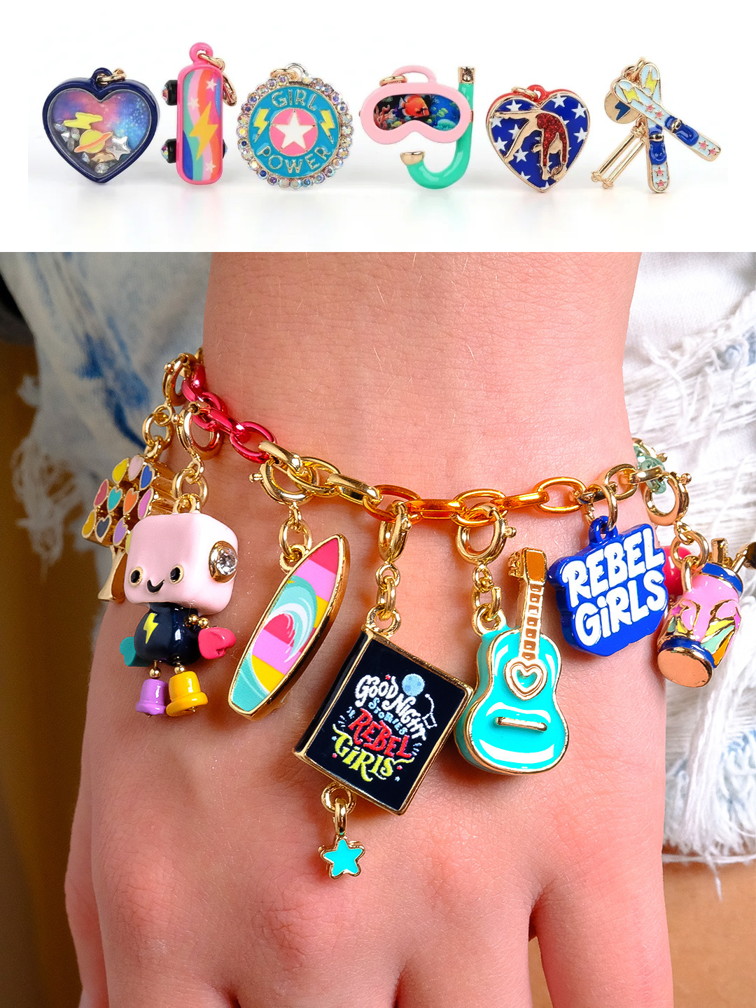 <p>The CHARM IT! x Rebel Girls collection celebrates women innovators, adventurers,<br />
entrepreneurs, creators, athletes, and advocates!</p>
<p>Mix and match CHARM IT! signature charms to inspire your Rebel to embrace her most confident self, celebrate her identity, and highlight her passions.</p>
<p>The Rebel Girls CHARM IT! collection includes six new charms (for a total of thirteen), plus two accessory pieces:</p>
<p><strong>Snorkel Charm:</strong> (New!): Follow the snorkel charm and let the under the sea adventures begin! Protecting seas, inspiring change — <a href="https://www.rebelgirls.com/podcast/sylvia-earle-aquanaut-explorer" target="_blank" rel="noopener">listen to Sylvia Earle’s underwater journey</a>.</p>
<p><strong>Space Shaker Charm (New!):</strong> Out of this world, this Space Shaker charm inspires dreams beyond the stars and a meteor shower of smiles! From doctor to astronaut, <a href="https://www.rebelgirls.com/podcast/mae-jemison-read-by-emily-calandrelli" target="_blank" rel="noopener">hear how Mae Jemison reached for the stars</a>.</p>
<p><strong>Gymnast Charm (New!):</strong> Strong, fearless, and full of heart, the Gymnast Heart charm celebrates the power of girls who rise, leap, and lead. World’s greatest gymnast: <a href="https://www.rebelgirls.com/podcast/simone-biles-read-by-lindsey-vonn-2" target="_blank" rel="noopener">Listen to Simone Biles’ unstoppable rise</a>.</p>
<p><strong>Skis Charm (New!):</strong> From the bunny hill to black diamonds, hit the slopes and celebrate mountain magic with a skis charm that goes for gold. Ski fast, dream big! <a href="https://www.rebelgirls.com/podcast/mikaela-shiffrin-always-be-faster-than-the-boys" target="_blank" rel="noopener">Listen to how Mikaela Shiffrin carved her path to Olympic gold</a>.</p>
<p><strong>Girl Power Charm (New!):</strong> Bold moves, fierce energy, the Girl Power charm is a tiny-but-mighty tribute that’s not just a mantra, but a movement! Gavel on, collar ready! <a href="https://www.rebelgirls.com/podcast/ruth-bader-ginsburg-read-by-priscilla-chan" target="_blank" rel="noopener">Hear Ruth Bader Ginsburg’s story of courage and equality</a>.</p>
<p><strong>Skateboard Charm (New!):</strong> Big tricks and bold moves, drop in with a Skateboard charm that shreds and sparkles. Fairy wings, fearless tricks – <a href="https://www.rebelgirls.com/podcast/rayssa-leal-read-by-maya-gabeira" target="_blank" rel="noopener">hear Rayssa Leal’s skateboarding journey</a>.</p>
<p><strong>Good Night Stories Book Charm:</strong> The iconic Good Night Stories for Rebel Girls book shows the world she’s a Rebel Girl.</p>
<p><strong>Guitar Charm:</strong> Perfect for aspiring pop stars and fans, this charm is worthy of its own world tour.</p>
<p><strong>Surfboard Charm:</strong> Surf’s up, charms out! Catch the ultimate wave of good vibes.</p>
<p><strong>Tree Charm:</strong> She’ll spread love for Mother Earth with this charm rooted in environmental awareness.</p>
<p><strong>Sewing Machine Charm:</strong> How cool is the Rebel Girls Gold Sewing Machine charm? SEW COOL!</p>
<p><strong>Robot Charm:</strong> Take STEM love to another level and crack the code for inspiring smiles for days!</p>
<p><strong>Golf Clubs Charm:</strong> Like a perfect score, this charm brings on that hole-in-one feeling for golfers who love the game.</p>
<p><strong>Chain Bracelet &amp; Necklace:</strong> Colorful links sets the stage for the CHARM IT! x Rebel Girl Collection charms and beyond! Add charms to her bracelet or necklace and customize her collection.</p>

