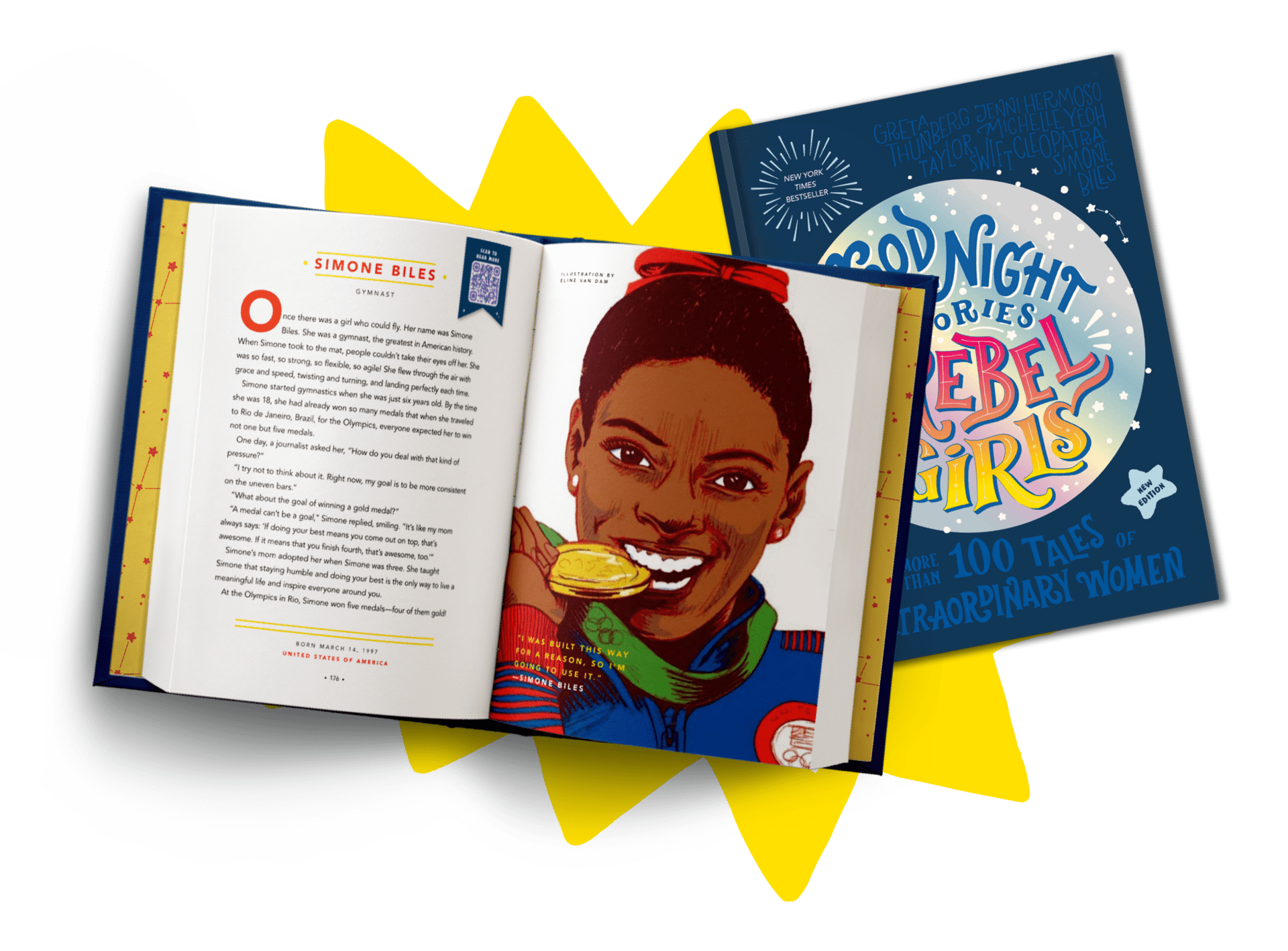 <p>“My favorite part of Good Night Stories for Rebel Girls is how many extraordinary women Rebel Girls have opened up to me and my two daughters. There are so many women and girls who have inspired us. I am honored to be a part of the Rebel Girls community.”<br />
—<em>Drew Barrymore, actress and entrepreneur</em></p>
<p><em>Good Night Stories for Rebel Girls (New Edition)</em> features 110 empowering stories about women and girls who have done extraordinary things, including 22 brand-new stories written by best-selling author — and the original Rebel Girl — Elena Favilli.</p>
<p>Readers will marvel at the accomplishments of well-known women like Cleopatra, Amelia Earhart, Rosa Parks, Ruth Bader Ginsburg, and, Frida Kahlo. And they’ll discover the powerful stories of Colombian spy Policarpa Salavarrieta, Afghani rapper Sonita Alizadeh, Sierra-Leonean ballerina Michaela dePrince, Mexican doctor Matilde Montoya, and American surgeon Mary Edwards Walker.</p>
<p>Each story in this gifty collection is written in the signature Rebel Girls style of storytelling: a biographical, real-world fairy tale, where women are the heroes of their own stories.</p>
<p>Good Night Stories for Rebel Girls ignited a publishing movement when it was first published in 2016. The book is now published in 50 languages and found in more than 110+ countries.</p>
