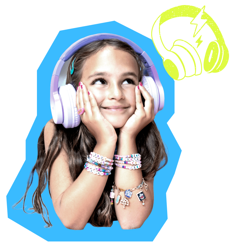 A young girl with light brown hair and light skin smiles dreamily while wearing large headphones