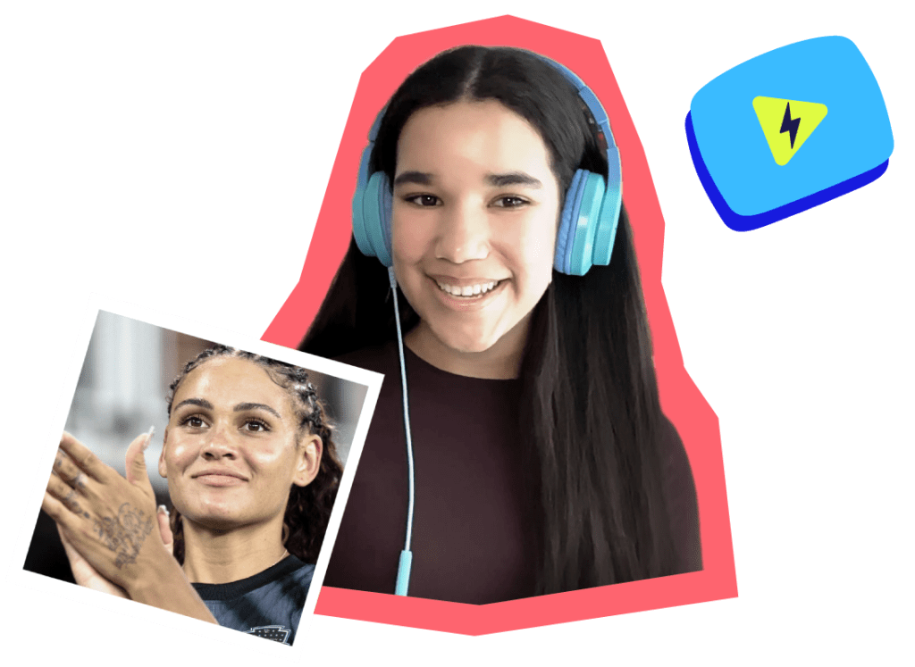 A tween girl with long, dark hair and medium skin tone smiles while wearing blue over-ear headphones